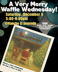 Families enjoying free waffles and Santa photos with Larry the llama and Bob the alpaca at A Very Merry Waffle Wednesday, Rancho El Segundo in Thousand Oaks.